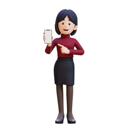 Young Woman Holding Cell Phone And Pointing To It  3D Illustration
