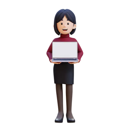 Young Woman Holding Laptop  3D Illustration
