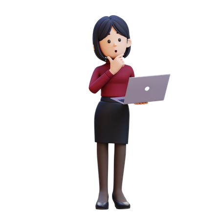 Young Woman Holding Laptop And Thinking  3D Icon