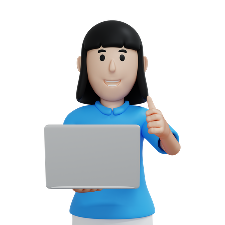 Young woman holding laptop while showing thumbs up  3D Illustration