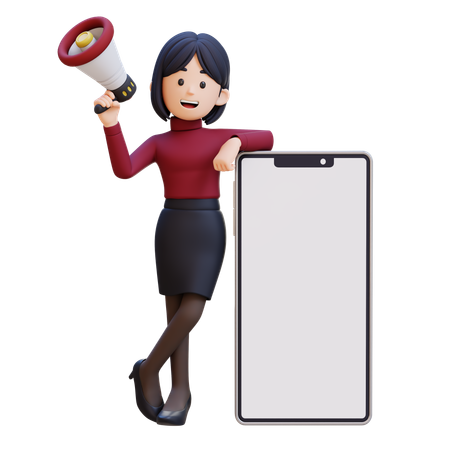 メガホンを持ち、大きな携帯電話の隣に立つ若い女性  3D Icon