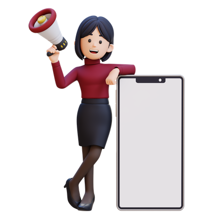 Young Woman Holding Megaphone And Standing Next To Big Cell Phone  3D Illustration