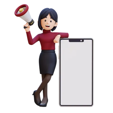 Young Woman Holding Megaphone And Standing Next To Big Cell Phone  3D Illustration