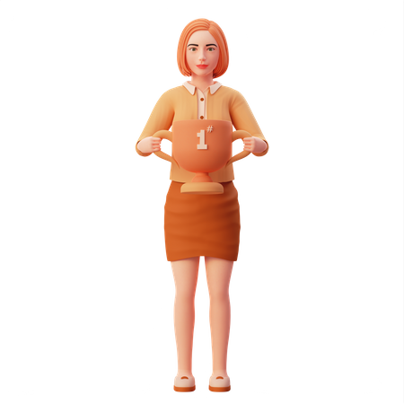 Young woman holding winner trophy  3D Icon