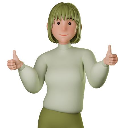 Young Woman In Green Outfit Giving Double Thumbs Up  3D Icon