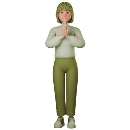 Young Woman In Green Outfit Giving Namaste Pose  3D Illustration