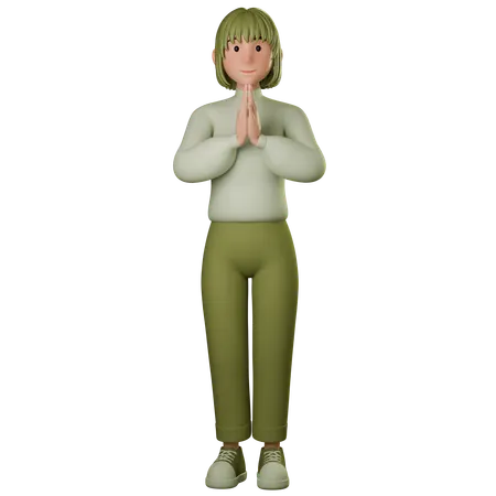Young Woman In Green Outfit Giving Namaste Pose  3D Illustration