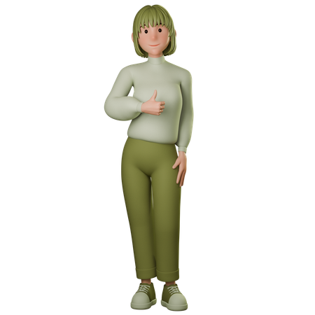 Young Woman In Green Outfit Giving Thumbs Up With Left Hand  3D Icon