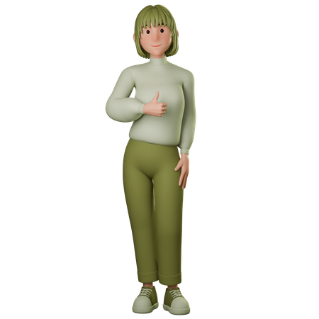 Young Woman In Green Outfit Giving Thumbs Up With Left Hand  3D Icon