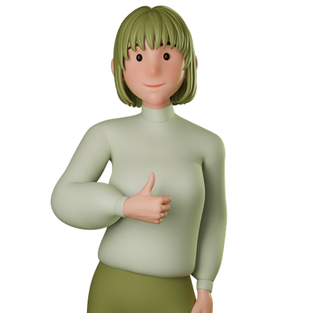 Young Woman In Green Outfit Giving Thumbs Up With Left Hand  3D Icon
