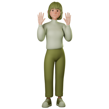 Young Woman In Green Outfit Greeting With Raised Both Hands  3D Illustration