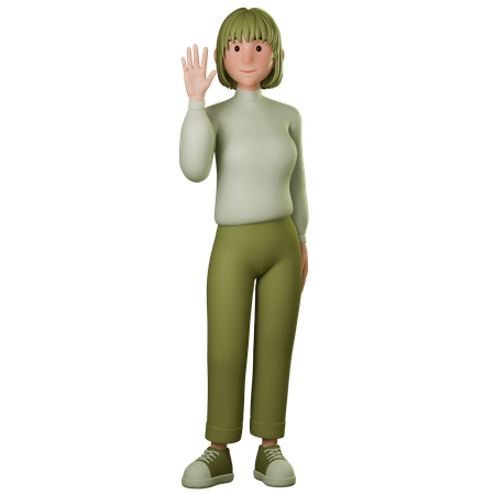 Young Woman In Green Outfit Greeting With Waving Left Hand  3D Icon