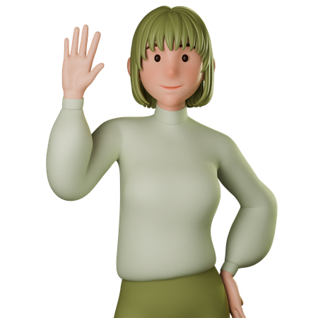 Young Woman In Green Outfit Greeting With Waving Left Hand  3D Icon