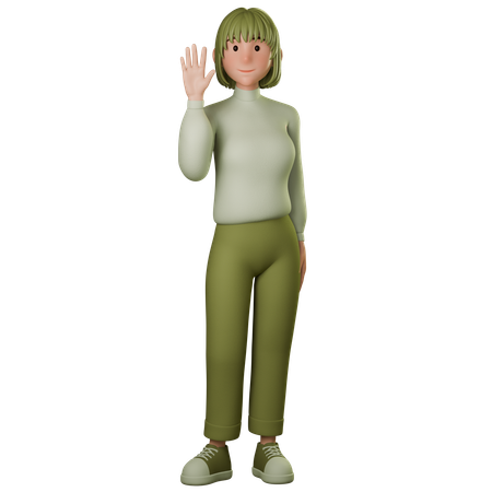 Young Woman In Green Outfit Greeting With Waving Left Hand  3D Illustration