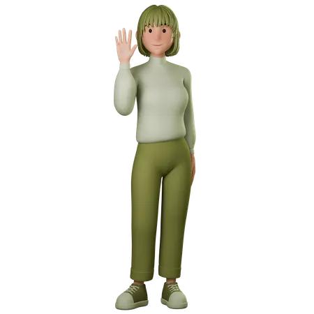 Young Woman In Green Outfit Greeting With Waving Left Hand  3D Illustration