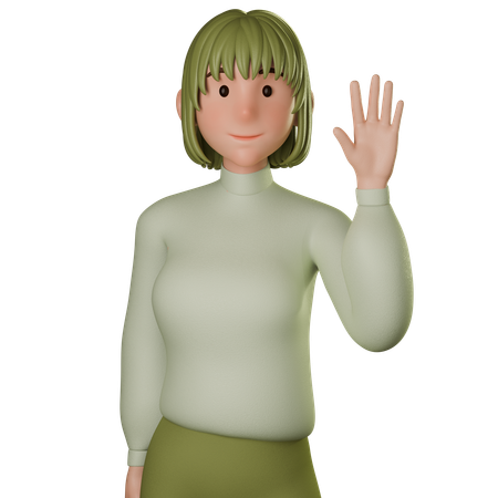Young Woman In Green Outfit Greeting With Waving Right Hand  3D Icon