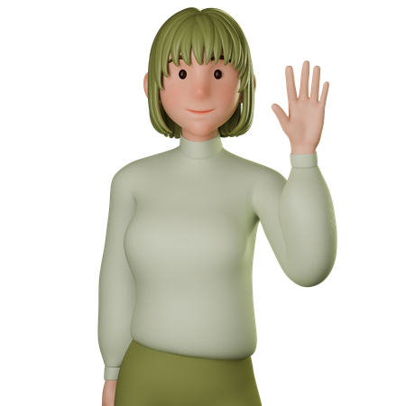 Young Woman In Green Outfit Greeting With Waving Right Hand  3D Icon