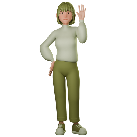 Young Woman In Green Outfit Greeting With Waving Right Hand  3D Illustration