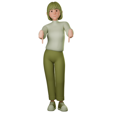 Young Woman In Green Outfit Pointing Down  3D Icon