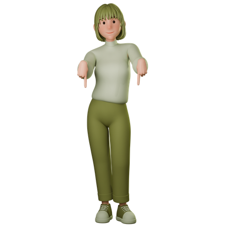 Young Woman In Green Outfit Pointing Down  3D Illustration