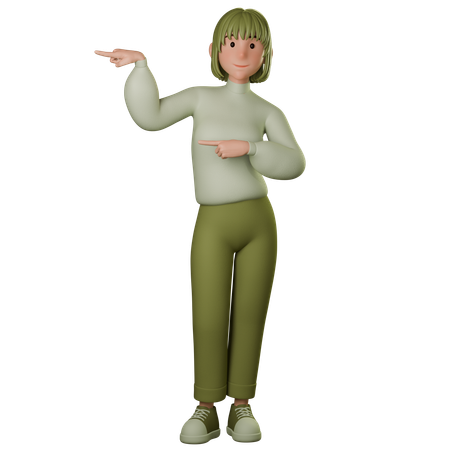 Young Woman In Green Outfit Pointing Left  3D Icon
