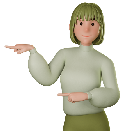 Young Woman In Green Outfit Pointing Left  3D Icon