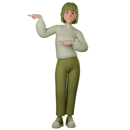 Young Woman In Green Outfit Pointing Left  3D Illustration
