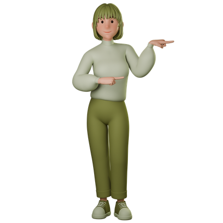 Young Woman In Green Outfit Pointing Right  3D Icon