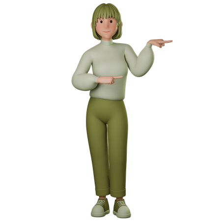 Young Woman In Green Outfit Pointing Right  3D Illustration