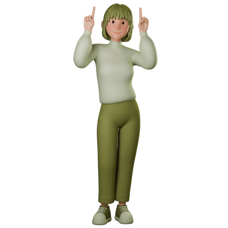 Young Woman In Green Outfit Pointing Up  3D Icon