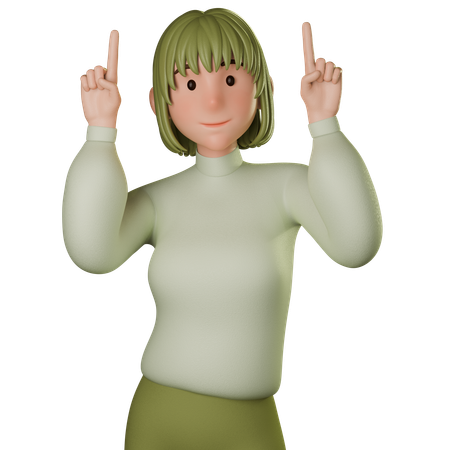 Young Woman In Green Outfit Pointing Up  3D Icon