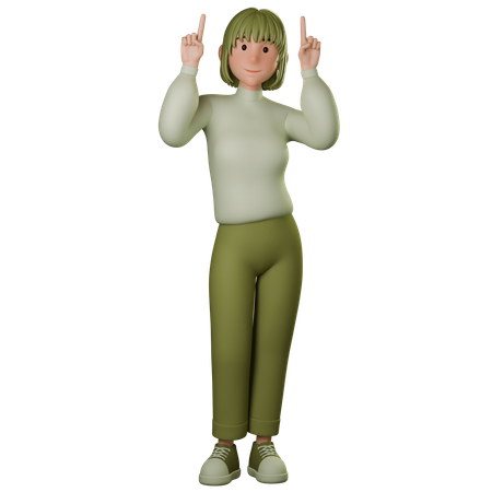 Young Woman In Green Outfit Pointing Up  3D Illustration