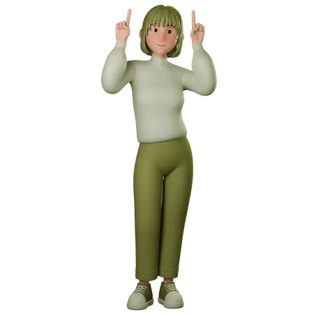 Young Woman In Green Outfit Pointing Up  3D Illustration