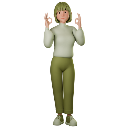Young Woman In Green Outfit Showing Ok Gesture With Both Hands  3D Illustration