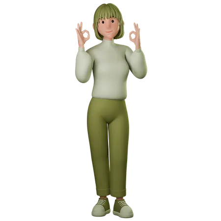 Young Woman In Green Outfit Showing Ok Gesture With Both Hands  3D Illustration