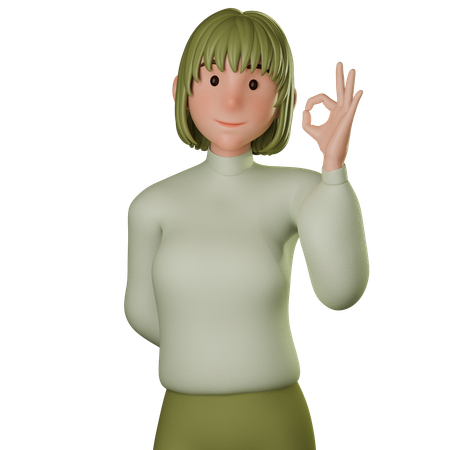 Young Woman In Green Outfit Showing Ok Gesture With Left Hand  3D Icon