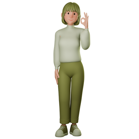 Young Woman In Green Outfit Showing Ok Gesture With Left Hand  3D Illustration