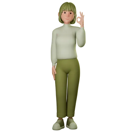 Young Woman In Green Outfit Showing Ok Gesture With Left Hand  3D Illustration