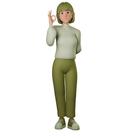 Young Woman In Green Outfit Showing Ok Gesture With Right Hand  3D Illustration