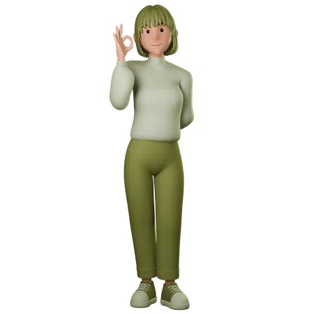 Young Woman In Green Outfit Showing Ok Gesture With Right Hand  3D Illustration