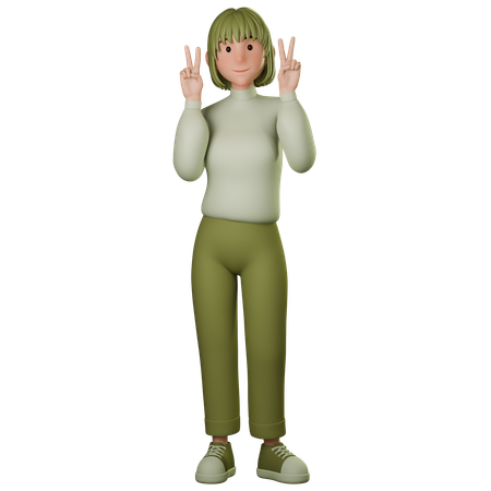 Young Woman In Green Outfit Showing Peace Sign With Both Hands  3D Icon