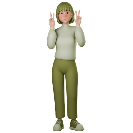 Young Woman In Green Outfit Showing Peace Sign With Both Hands  3D Illustration