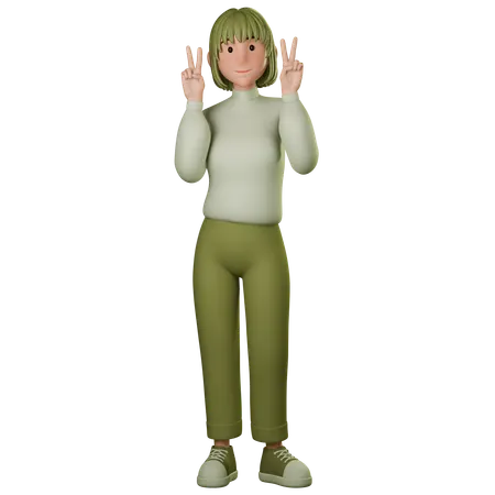 Young Woman In Green Outfit Showing Peace Sign With Both Hands  3D Illustration