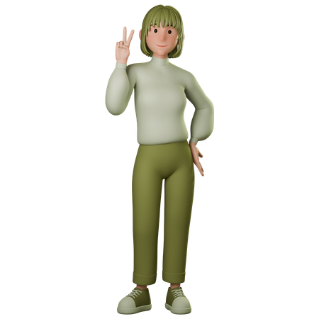 Young Woman In Green Outfit Showing Peace Sign With Left Hand  3D Icon