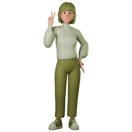 Young Woman In Green Outfit Showing Peace Sign With Left Hand  3D Illustration