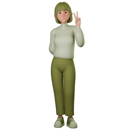 Young Woman In Green Outfit Showing Peace Sign With Right Hand  3D Icon