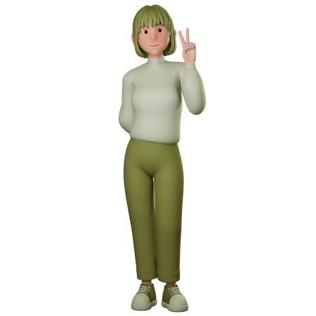 Young Woman In Green Outfit Showing Peace Sign With Right Hand  3D Illustration