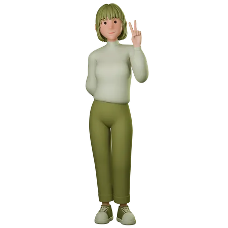 Young Woman In Green Outfit Showing Peace Sign With Right Hand  3D Illustration