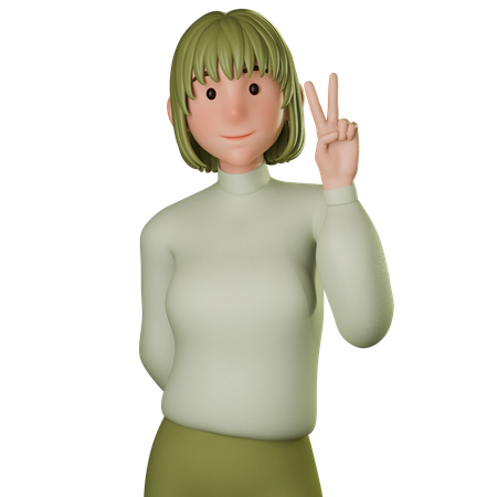 Young Woman In Green Outfit Showing Peace Sign With Right Hand  3D Illustration