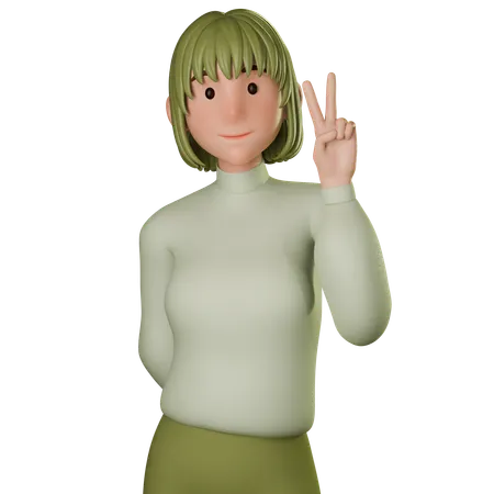 Young Woman In Green Outfit Showing Peace Sign With Right Hand  3D Illustration